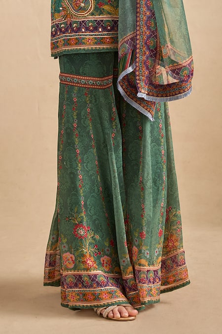 Shop_Kalista_Green Viscose Georgette Embroidery, Beads, Maahi Printed Kurta Gharara Set _Online_at_Aza_Fashions