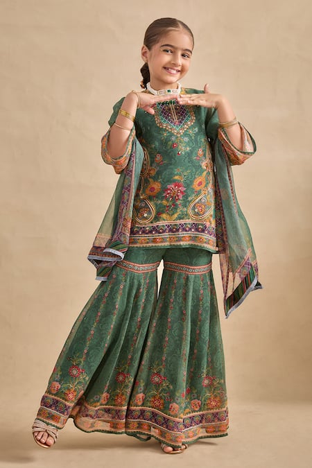 Kalista_Green Viscose Georgette Embroidery, Beads, Maahi Printed Kurta Gharara Set _at_Aza_Fashions