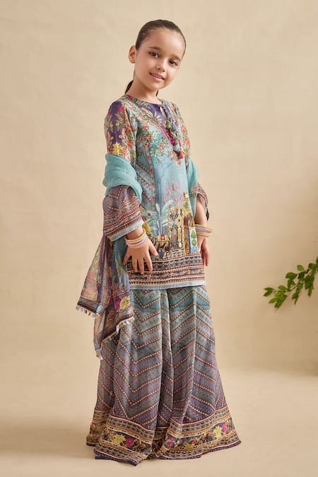 Kalista Blue Viscose Georgette Tassels, Pom-poms Falak Printed Kurta Set Online at Aza Fashions Kalista_Blue Viscose Georgette Tassels, Pom-poms Falak Printed Kurta Set _Online_at_Aza_Fashions