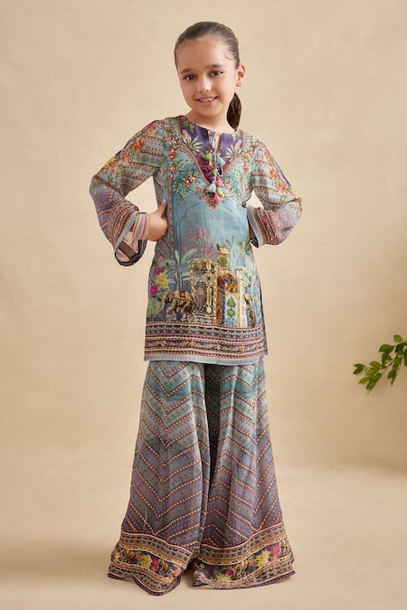 Buy Kalista Blue Viscose Georgette Tassels, Pom-poms Falak Printed Kurta Set Buy_Kalista_Blue Viscose Georgette Tassels, Pom-poms Falak Printed Kurta Set