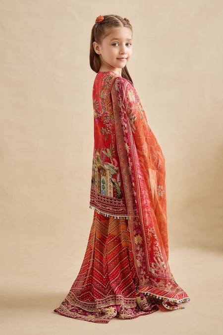 Kalista_Red Viscose Georgette Tassels, Pom-poms, Gota Printed Falak Kurta Gharara Set _Online_at_Aza_Fashions