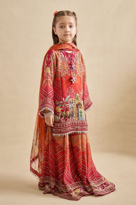 Buy_Kalista_Red Viscose Georgette Tassels, Pom-poms, Gota Printed Falak Kurta Gharara Set _Online_at_Aza_Fashions