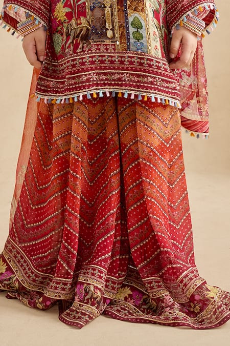 Shop_Kalista_Red Viscose Georgette Tassels, Pom-poms, Gota Printed Falak Kurta Gharara Set _Online_at_Aza_Fashions