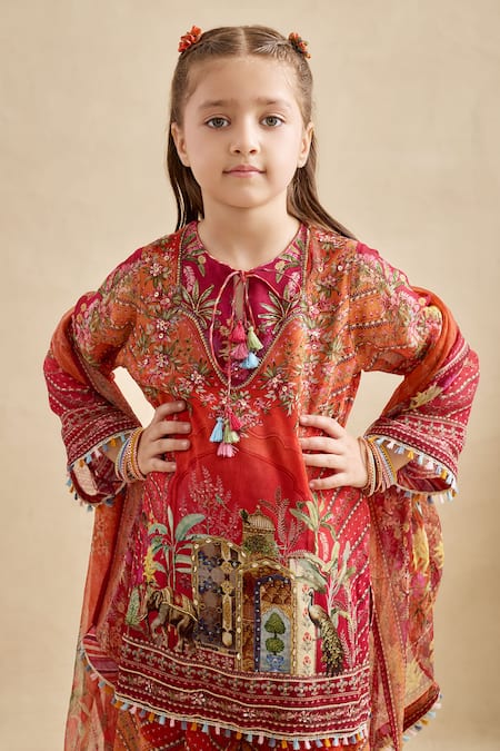 Kalista_Red Viscose Georgette Tassels, Pom-poms, Gota Printed Falak Kurta Gharara Set _at_Aza_Fashions
