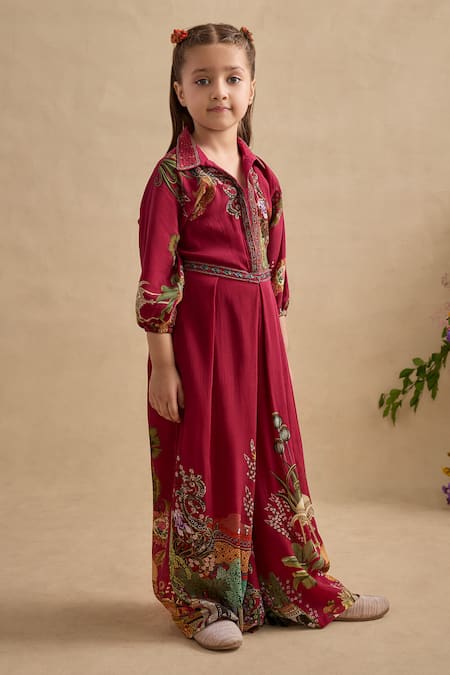 Kalista Magenta Crepe Embroidery Seinna Printed Collared Jumpsuit Online at Aza Fashions Kalista_Magenta Crepe Embroidery Seinna Printed Collared Jumpsuit _Online_at_Aza_Fashions