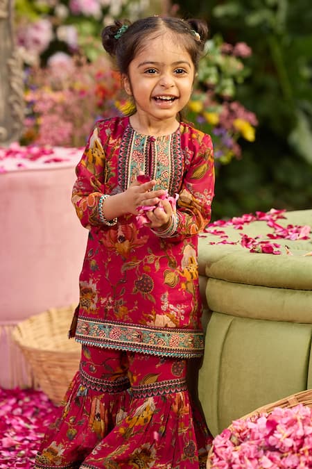 Buy Kalista Red Viscose Georgette Seher Print Kurta With Gharara Online at Aza Fashions Buy_Kalista_Red Viscose Georgette Seher Print Kurta With Gharara _Online_at_Aza_Fashions