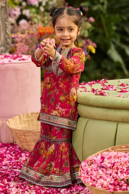 Shop Kalista Red Viscose Georgette Seher Print Kurta With Gharara Online at Aza Fashions Shop_Kalista_Red Viscose Georgette Seher Print Kurta With Gharara _Online_at_Aza_Fashions