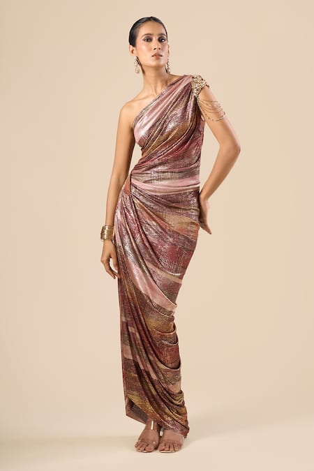 Tarun Tahiliani_Multi Color Beads, Chains One Shoulder Metallic Draped Dress _Online_at_Aza_Fashions