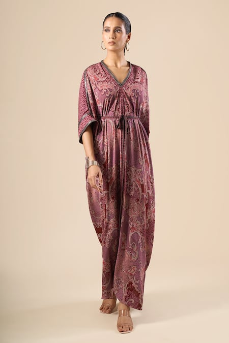 Tarun Tahiliani_Purple Mirrors, Piping V-neck Paisley Print Dress _Online_at_Aza_Fashions