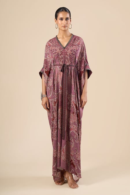 Buy_Tarun Tahiliani_Purple Mirrors, Piping V-neck Paisley Print Dress _Online_at_Aza_Fashions