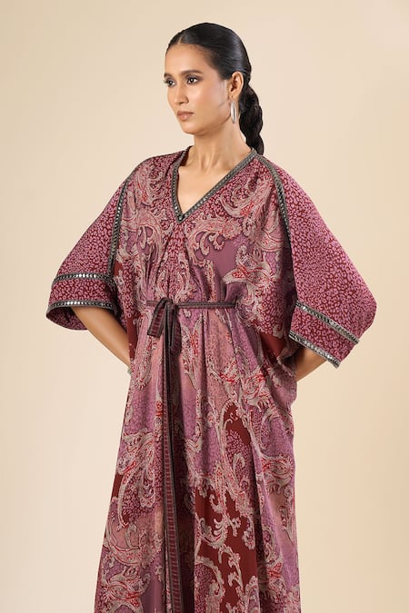 Shop_Tarun Tahiliani_Purple Mirrors, Piping V-neck Paisley Print Dress _Online_at_Aza_Fashions