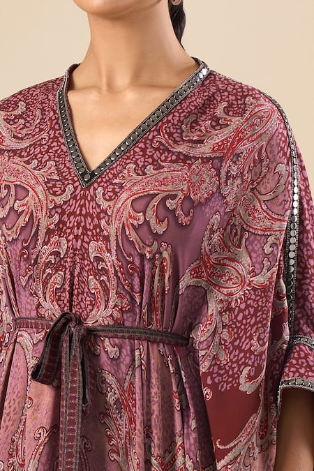 Tarun Tahiliani_Purple Mirrors, Piping V-neck Paisley Print Dress _at_Aza_Fashions
