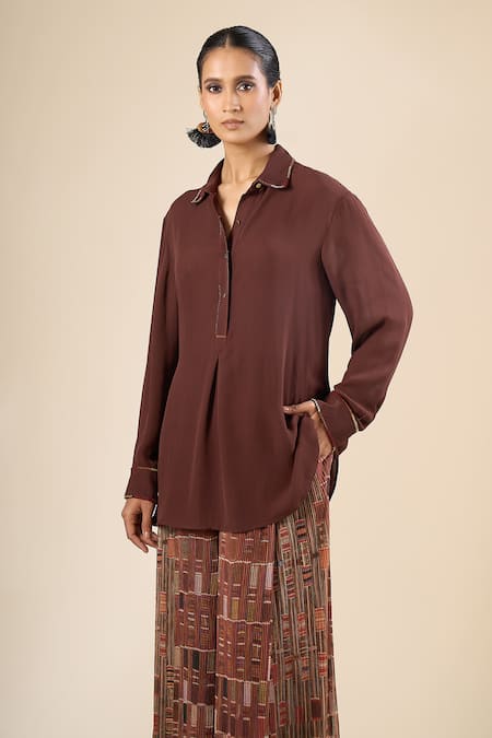 Tarun Tahiliani_Brown Embroidery Collared, V-neck Back Tie-up Shirt _Online_at_Aza_Fashions