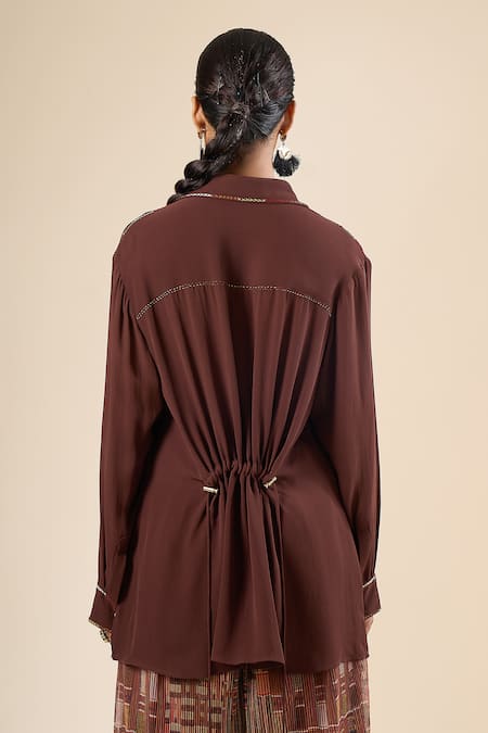 Buy_Tarun Tahiliani_Brown Embroidery Collared, V-neck Back Tie-up Shirt _Online_at_Aza_Fashions