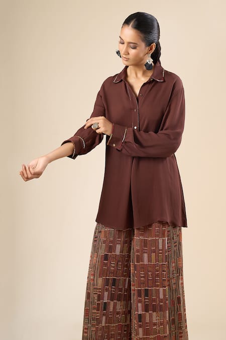 Shop_Tarun Tahiliani_Brown Embroidery Collared, V-neck Back Tie-up Shirt _Online_at_Aza_Fashions