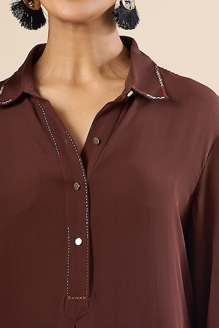 Tarun Tahiliani_Brown Embroidery Collared, V-neck Back Tie-up Shirt _at_Aza_Fashions