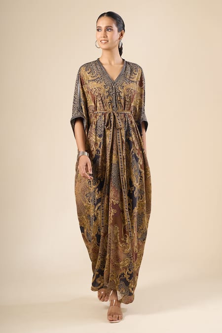 Tarun Tahiliani_Brown Mirrors V-neck Paisley Floral Print Dress _Online_at_Aza_Fashions