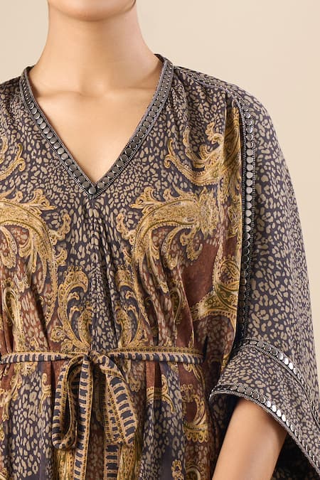 Shop_Tarun Tahiliani_Brown Mirrors V-neck Paisley Floral Print Dress _Online_at_Aza_Fashions