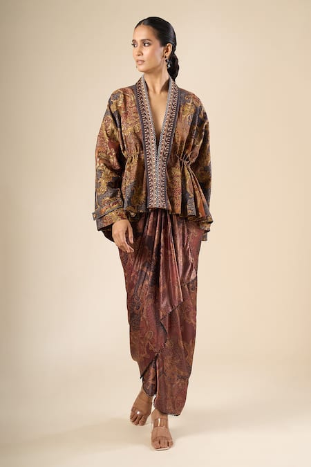 Tarun Tahiliani_Maroon Printed Draped Skirt _Online_at_Aza_Fashions