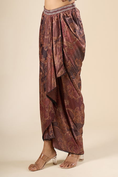 Shop_Tarun Tahiliani_Maroon Printed Draped Skirt _Online_at_Aza_Fashions