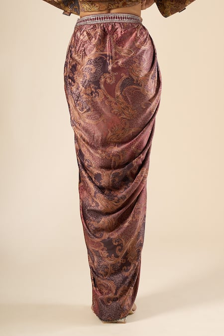 Tarun Tahiliani_Maroon Printed Draped Skirt _at_Aza_Fashions
