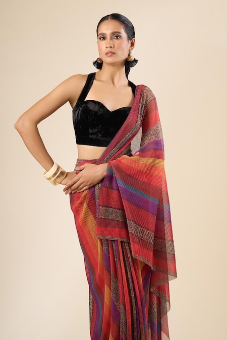 Tarun Tahiliani Multi Color Metallic Thread Stripe Print Pre-draped Saree Online at Aza Fashions Tarun Tahiliani_Multi Color Metallic Thread Stripe Print Pre-draped Saree _Online_at_Aza_Fashions