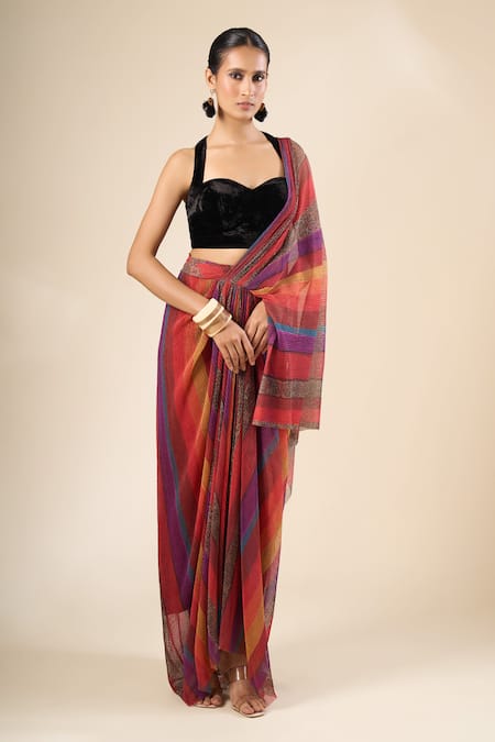 Buy Tarun Tahiliani Multi Color Metallic Thread Stripe Print Pre-draped Saree Online at Aza Fashions Buy_Tarun Tahiliani_Multi Color Metallic Thread Stripe Print Pre-draped Saree _Online_at_Aza_Fashions