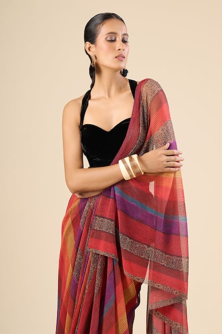 Tarun Tahiliani Multi Color Metallic Thread Stripe Print Pre-draped Saree at Aza Fashions Tarun Tahiliani_Multi Color Metallic Thread Stripe Print Pre-draped Saree _at_Aza_Fashions