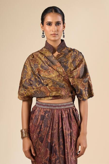 Tarun Tahiliani Multi Color Beads Collared, V-neck Printed Front Knot Top Online at Aza Fashions Tarun Tahiliani_Multi Color Beads Collared, V-neck Printed Front Knot Top _Online_at_Aza_Fashions