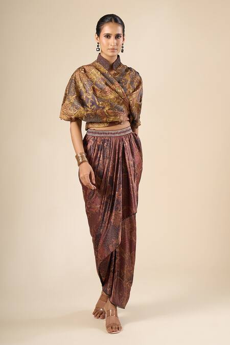 Buy Tarun Tahiliani Multi Color Beads Collared, V-neck Printed Front Knot Top Online at Aza Fashions Buy_Tarun Tahiliani_Multi Color Beads Collared, V-neck Printed Front Knot Top _Online_at_Aza_Fashions