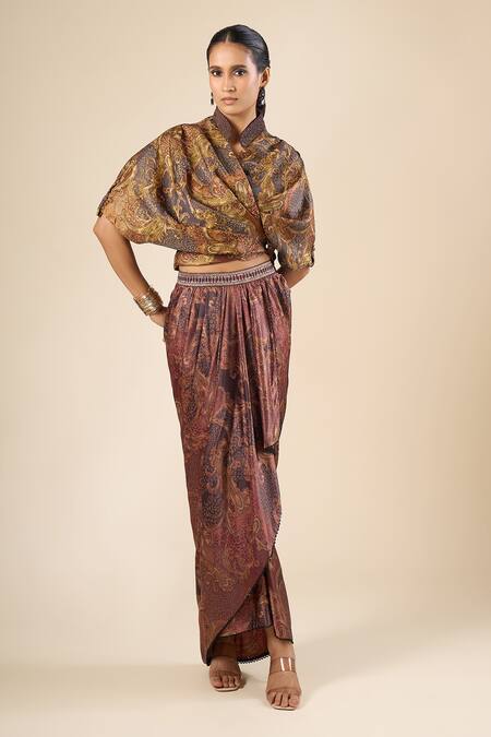 Shop Tarun Tahiliani Multi Color Beads Collared, V-neck Printed Front Knot Top Online at Aza Fashions Shop_Tarun Tahiliani_Multi Color Beads Collared, V-neck Printed Front Knot Top _Online_at_Aza_Fashions