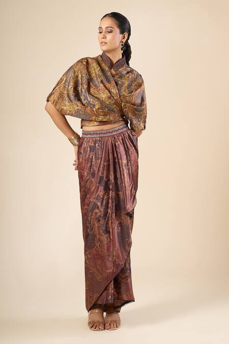 Tarun Tahiliani Multi Color Beads Collared, V-neck Printed Front Knot Top at Aza Fashions Tarun Tahiliani_Multi Color Beads Collared, V-neck Printed Front Knot Top _at_Aza_Fashions