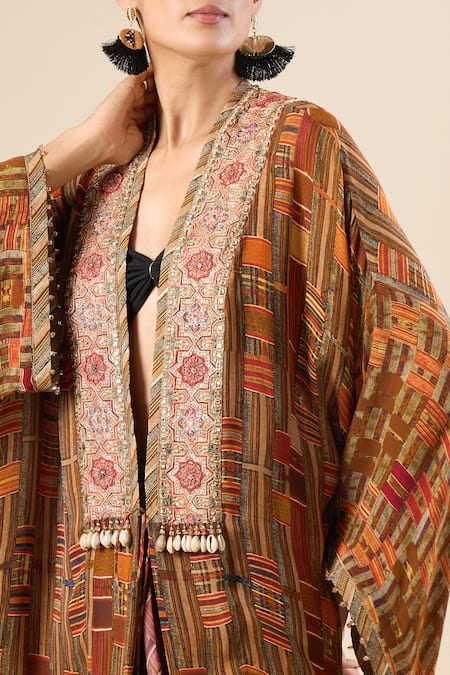 Tarun Tahiliani Brown Mirrors, Metallic Thread, Sequins Open Neck Geometric Print Long Jacket Online at Aza Fashions Tarun Tahiliani_Brown Mirrors, Metallic Thread, Sequins Open Neck Geometric Print Long Jacket _Online_at_Aza_Fashions