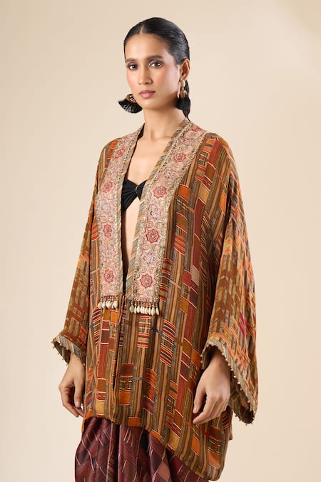 Buy Tarun Tahiliani Brown Mirrors, Metallic Thread, Sequins Open Neck Geometric Print Long Jacket Online at Aza Fashions Buy_Tarun Tahiliani_Brown Mirrors, Metallic Thread, Sequins Open Neck Geometric Print Long Jacket _Online_at_Aza_Fashions