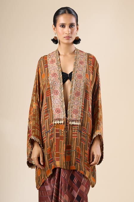 Shop Tarun Tahiliani Brown Mirrors, Metallic Thread, Sequins Open Neck Geometric Print Long Jacket Online at Aza Fashions Shop_Tarun Tahiliani_Brown Mirrors, Metallic Thread, Sequins Open Neck Geometric Print Long Jacket _Online_at_Aza_Fashions