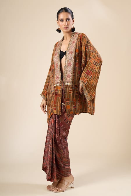 Tarun Tahiliani Brown Mirrors, Metallic Thread, Sequins Open Neck Geometric Print Long Jacket at Aza Fashions Tarun Tahiliani_Brown Mirrors, Metallic Thread, Sequins Open Neck Geometric Print Long Jacket _at_Aza_Fashions