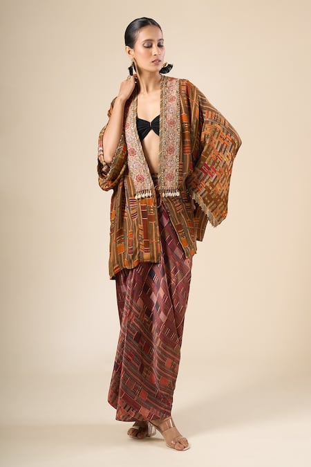 Buy Tarun Tahiliani Brown Mirrors, Metallic Thread, Sequins Open Neck Geometric Print Long Jacket Buy_Tarun Tahiliani_Brown Mirrors, Metallic Thread, Sequins Open Neck Geometric Print Long Jacket