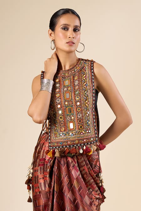 Tarun Tahiliani_Red Round Neck Mirror Embroidered Vest _Online_at_Aza_Fashions
