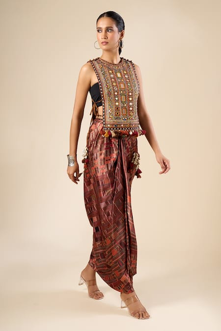 Buy_Tarun Tahiliani_Red Round Neck Mirror Embroidered Vest _Online_at_Aza_Fashions