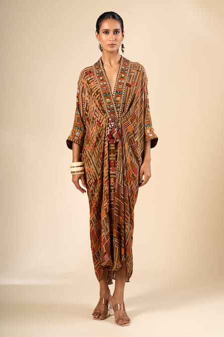 Tarun Tahiliani_Multi Color Beads, Tassels V-neck Geometric Print Kaftan _Online_at_Aza_Fashions
