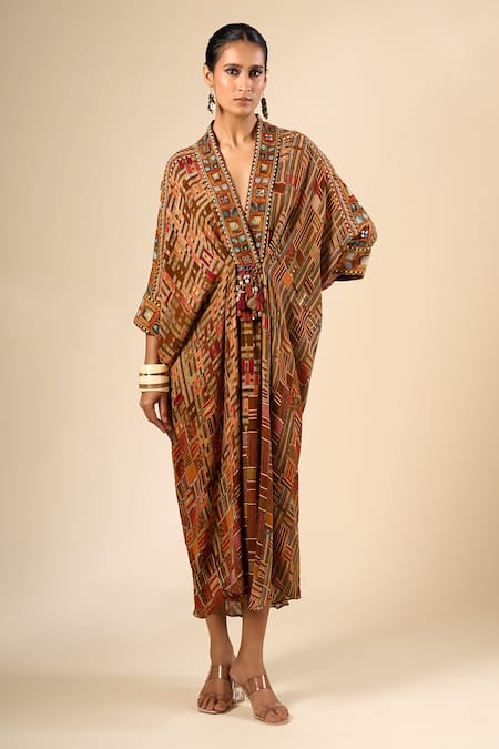 Buy_Tarun Tahiliani_Multi Color Beads, Tassels V-neck Geometric Print Kaftan _Online_at_Aza_Fashions