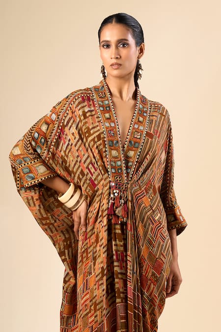 Shop_Tarun Tahiliani_Multi Color Beads, Tassels V-neck Geometric Print Kaftan _Online_at_Aza_Fashions