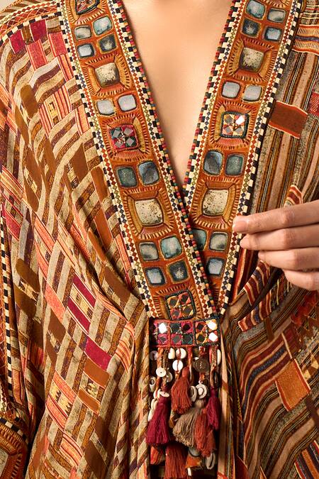 Tarun Tahiliani_Multi Color Beads, Tassels V-neck Geometric Print Kaftan _at_Aza_Fashions