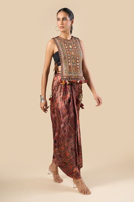 Tarun Tahiliani_Multi Color Printed Draped Skirt _Online_at_Aza_Fashions