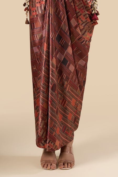Shop_Tarun Tahiliani_Multi Color Printed Draped Skirt _Online_at_Aza_Fashions