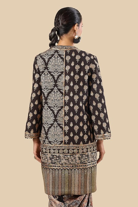 Buy_Tarun Tahiliani_Black Metallic Thread, Zari Round Neck Embroidered Long Jacket _Online_at_Aza_Fashions