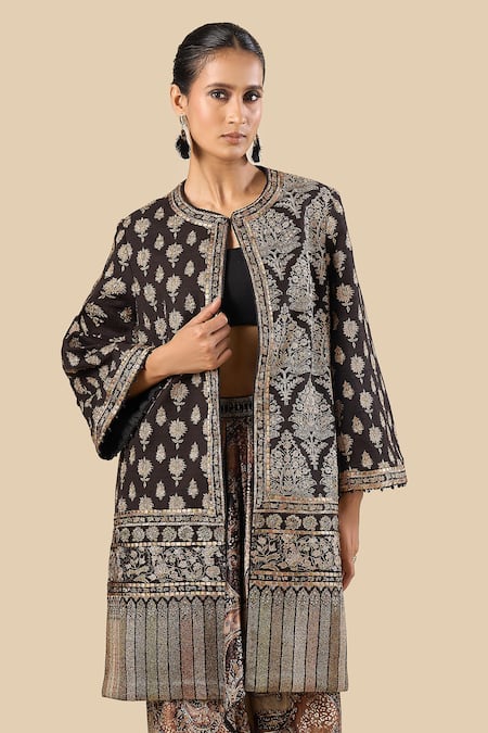 Shop_Tarun Tahiliani_Black Metallic Thread, Zari Round Neck Embroidered Long Jacket _Online_at_Aza_Fashions