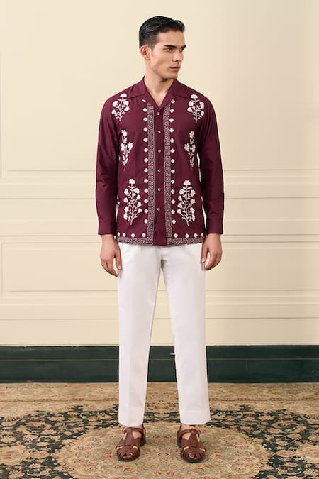 Shop Gargee Designers Maroon Cotton Embroidery Floral And Geometric Shirt Online at Aza Fashions Shop_Gargee Designers_Maroon Cotton Embroidery Floral And Geometric Shirt _Online_at_Aza_Fashions