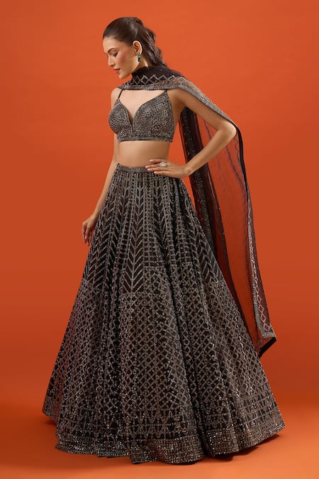 Seema Gujral_Black Silk Sequins, Embroidery, Beads Sweetheart Neck Raw Lehenga Set _at_Aza_Fashions