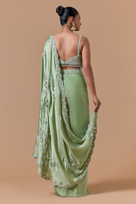 Nitika Gujral Jade Gree Pre-Draped Saree With Embroidered Blouse 